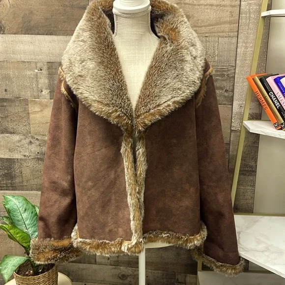 No Name Chocolate Brown Faux Suede & Faux Fox Fur Lined Coat XL - Picture 1 of 11